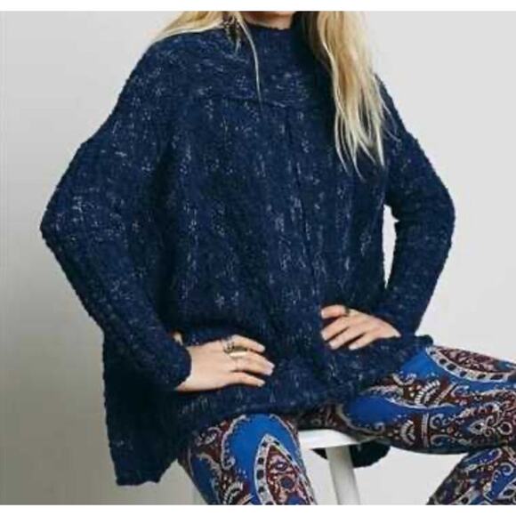 Free People Blue Chunky Knit Nightingale Oversized Pullover Sweater Size Large - Picture 3 of 13